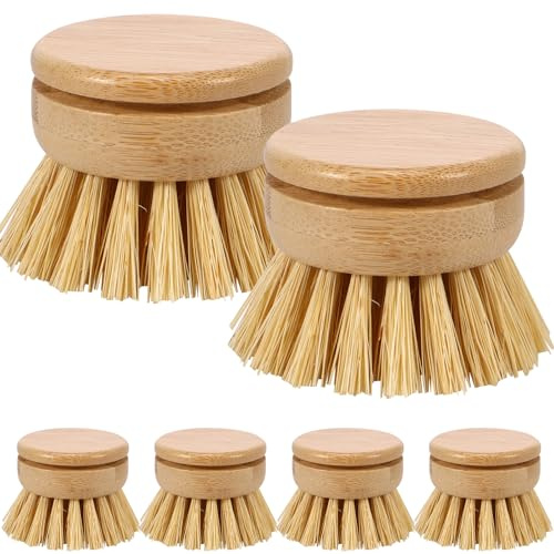 Lot de 6 têtes de rechange pour brosse à vaisselle en bambou - Brosses à vaisselle en bois pour le nettoyage - Têtes de brosse à vaisselle en bois - Recharges de brosse à vaisselle en poils naturels