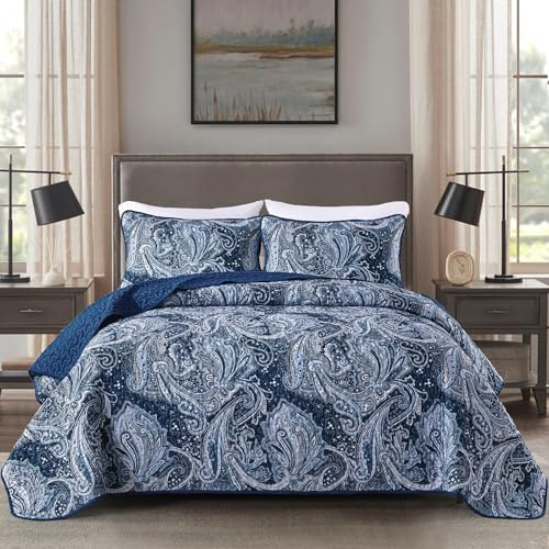 DJY Marineblaues Paisley-Bettwäsche-Set, California-King-Size-Bett, Boho-Tagesdecke, Überwurf-Set, 3-teilig, weiche, leichte Mikrofaser, marineblaues Paisleymuster, Bettwäsche für alle Jahreszeiten