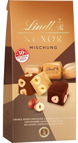 Lindt NUXOR Beutel Mischung, Promotion | 103g Beutel | Cremige Gianduja Schokolade (Weiss, Vollmilch und Feinherb) mit ganzen, gerösteten Haselnüssen | Pralinen Geschenk | Schokoladengeschenk