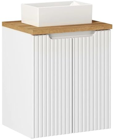 Lomadox Badezimmer Waschtisch 50cm mit Keramikwaschbecken, weiß und Eiche mit gerillter Front