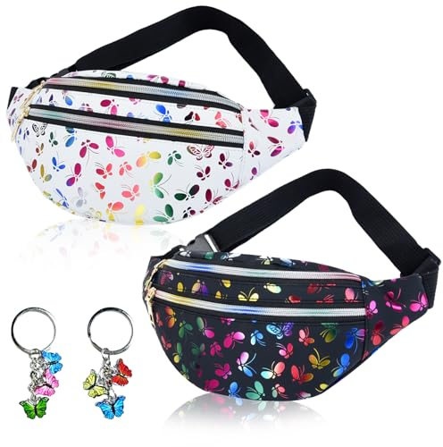 WPPQWP 2 Stück Bauchtasche Mädchen, Gürteltasche Damen Kinder, Verstellbarer Bauchtasche bunt mit Schmetterling Schlüsselanhänger für Outdoor Wandern