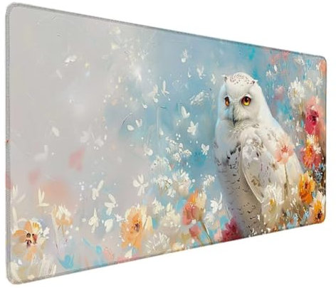 Weiß Mousepad XXL 90 x 40 cm Schreibtischunterlage, Gaming Mauspad Eule Mouse Pad Wasserdicht und Langlebig Mousepad Groß mit Vernähte Kanten für PC, Laptop, Gaming, Büro, Zuhause Deko Geschenk 9-H