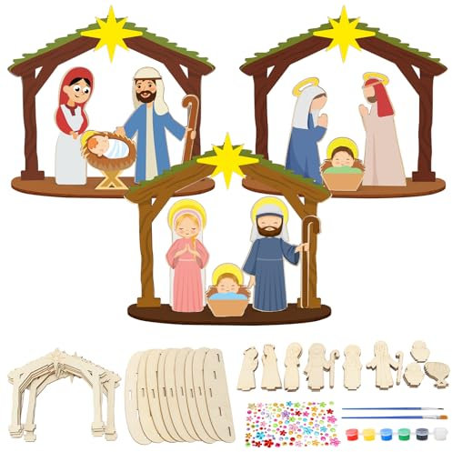 MONCAP 12 Stück Weihnachten Bastelset Kinder Holzkrippe Basteln Holz Weihnachten Krippe Kreativsets Weihnachtskrippe Deko Bastelset für Weihnachten Religiöse Erziehung Geschenk Jungen Mädchen