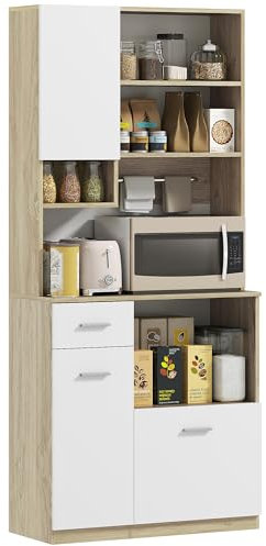 HOMCOM Armario de Cocina Buffet Cocina vaisselier Mueble de almacenaje Estilo Moderno con estantes Regulables, cajón, Barra, pasacables, para Comedor, salón, 80 x 35 x 180 cm, Aspecto Madera
