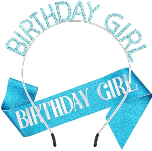 DRESHOW Geburtstag Mädchen Stirnband Geburtstag Tiara mit Schärpe Prinzessin Krone Strass Happy Birthday Zubehör für Damen Mädchen