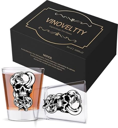 Vinoveltty Skull Shot Glasses Set of 2, Skull Gifts for Men Women Goth Lovers, Fathers Day Halloween Christmas Birthday Gifts for Dad Brother Husband, 2oz
