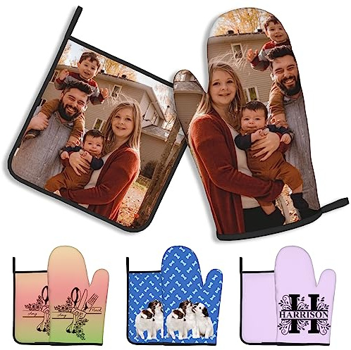 Benutzerdefinierte Ofenhandschuhe Topflappen Personalisierter Name und Foto Hitze und Slip Resistant Ofenhandschuhe Geschenk für Freunde Familie