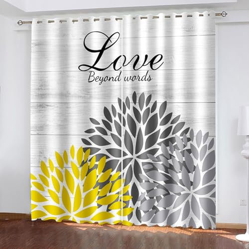 Lirzxin Gardinen Verdunkelung 160 cm Lang, Lichtdichte Vorhänge mit Ösen 2er Set Grau Gelb Holzbrett Blumen Blätter Muster Vorhang für Kinderzimmer Wohnzimmer Schlafzimmer, 107x160 cm(BxH)