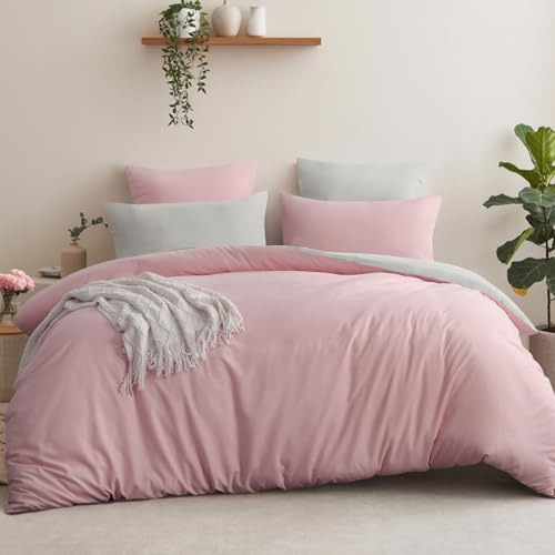 Aisbo Bettwäsche 200x200 3teilig Rosa Beige - Bettwäsche Sets 1 Bettbezug 200x200 cm + 2 Kissenbezüge 80x80 cm, ÖKO-TEX Wendebettwäsche Weich Mikrofaser mit Reißverschluss
