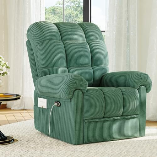 Welzona Recliner Chair for Adults, Electric Recliner Armchair with Infinite Position, USB Port, Ultra-Comfy Padded Cushion Corduroy Reclining Chairs for Living Room with Side Pokect, Green