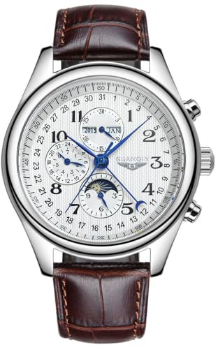 GUANQIN Herren Multifunktions Automatik Selbstaufzug Mechanische Uhr Saphirglas Business Mondphase Ewiger Kalender Wasserdichte Uhr Mann Edelstahl oder Lederband Armbanduhr