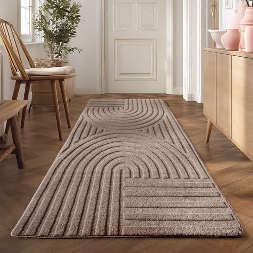 Teppium Boho Teppich Läufer 80 x 150 cm Beige – Waschbar & Pflegeleicht – Weicher Skandinavischer Deko Teppich mit 3D-Effekt – Ideal für Flur, Küche oder Schlafzimmer