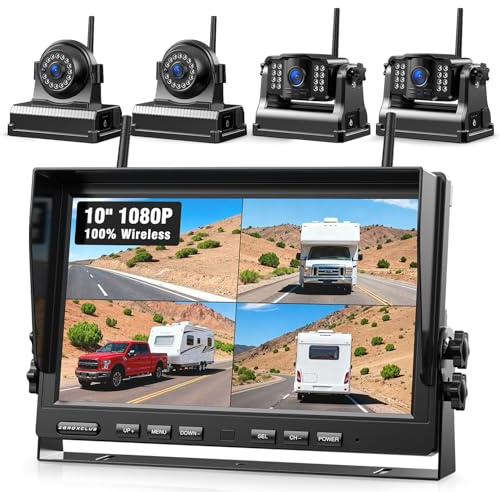 Magnetic Wireless Reversing Camera Kit 10 1080P Screen Monitor+4 Cameras | Rechargeable 2 Side View 2 Rear View Cameras,Low Consumption 1-Min DIY Install No Drilling for RV Trailer Truck