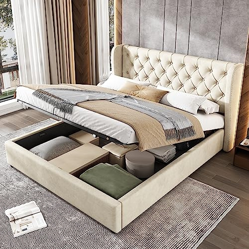 EINHOM Double Bed Frame, 4ft6 Upholstered Bed with Storage, Ottoman Bed with Hydraulic Lever, For Adults & Teenagers, Velvet, Beige, 135x190cm, (No Mattress)