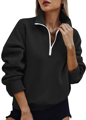 Womens Half Zip Sweatshirt Solid Casual 1/4 Zip Pullover Tops Autumn Winter Cosy Jumpers Ladies Sweaters Quarter-Zip Fleece Sweatshirt with Pockets Knitwear Fashion Casual Long Sleeve Top Black