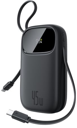 Baseus QPow3 Powerbank 45W 20000mAh mit 2 integriertem USB-C Kabel, LED Display Schnellladefunktion Power Bank PD3.0 QC4.0, 3 C 1 A Powerbank USB C für iPhone 16/15/14 Pro Max, iPad, Galaxy, Schwarz
