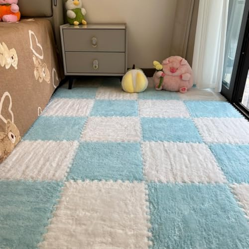 12Pcs Interlocking Carpet Tiles - Plush Foam Puzzle Floor Mats Fluffy Soft Rug Squares Non Slip Cuttable Protective Flooring for Bedroom Living Room Playroom Tatami Bedside (White+light Blue)