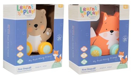 YöL Pack of 2 Fox & Bear Design Wooden Animal Push Along Toy for Toddlers – Educational Fine Motor Skills, Hand Eye Coordination and Imaginative Play – Durable and Safe for Ages 12 Months+