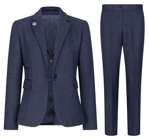 Women's 3 Piece Tweed Suit Navy Herringbone Pattern Tailored Fit Business Formal Ladies Dress - Navy 14