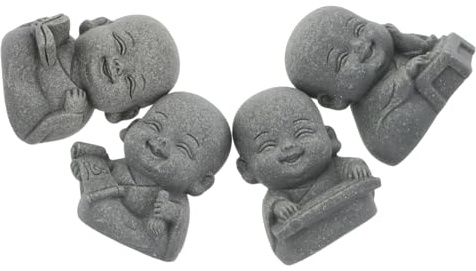 ZUNOXAZ 4 Stück Buddha Mönchs Statuen Sandstein Zen Gartendekoration Aquarium Zubehör Feng Shui Glücksbringer