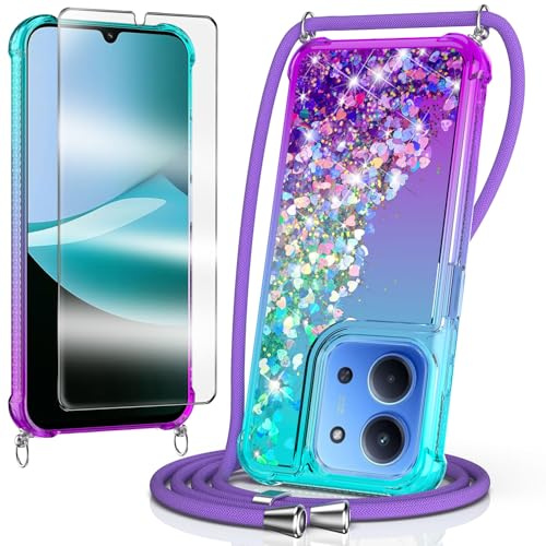 WQRTYJK Coque pour Xiaomi Redmi 15C avec Cordon, Bleu/Violet | avec Verre Trempé Protection Écran，Réglable de Collier，Housse Liquide Transparente à Paillettes，Souple Glitter Étui Antichoc