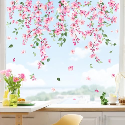 Supzone Fensterbilder Blumen Frühling Sommer Fensteraufkleber Kirschblüte Selbstklebend Fenstersticker Anti-Kollision Fensterfolie Glastüren Fensterdeko