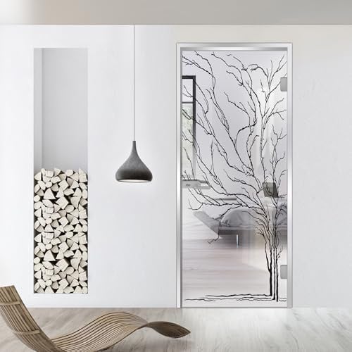 Porta interna in vetro a cerniera Studio Silver, modello albero, vetro di sicurezza temperato trasparente da 8 mm, decorazione nera, cornice a L, adatta per apertura 80 x 198 cm