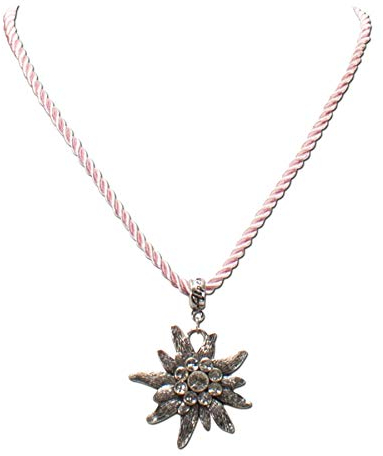 Trachtenkette Kordel mit Strass-Edelweiß - Damen Kordelkette mit Kristallstein, Dirndlkette mit Kordelband für Trachtenbluse und Lederhose, Dirndl-Schmuck fürs Oktoberfest (rosé)