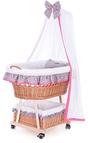 e-wicker24 Alles aus Weide Kinderwagen aus Weide, Kinderwagen mit einem Baldachin, Rollkinderkorb mit Baby - Zubehör