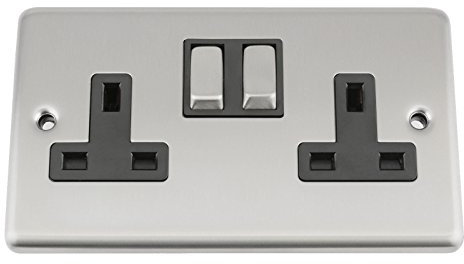 A5 Wall Double Socket 2 Gang - Satin Matt Chrome Classic - Black Insert - Metal Rocker Switch