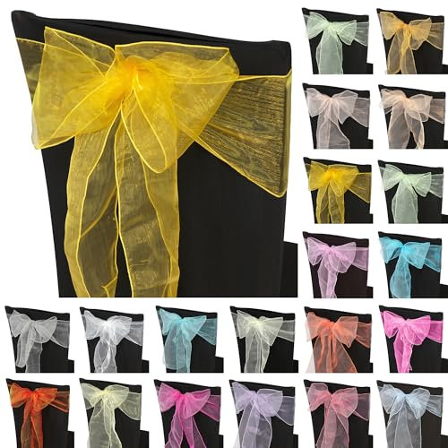 Trimming Shop 25pcs Bright Gold Organza Sashes for Chairs Wider Sash Fuller Bow Chair Cover Bow Sashes for Wedding, Birthday, Reception, Anniversary Party Decoration, 17x280cm