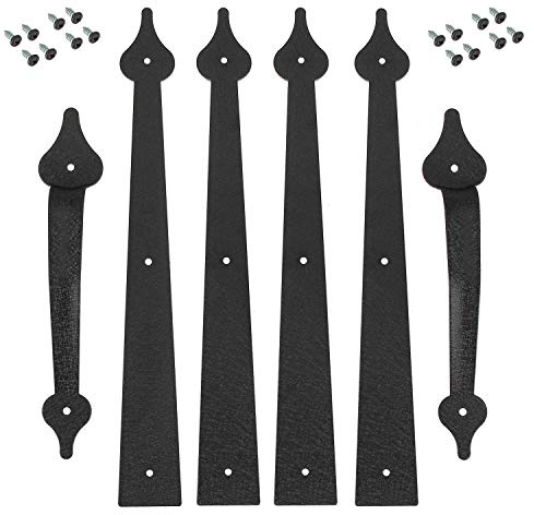 Homode Kit de accesorios decorativos para bisagras de puerta de garaje, montaje con tornillo, metal, negro, estilo lanza (4 bisagras + 2 asas)