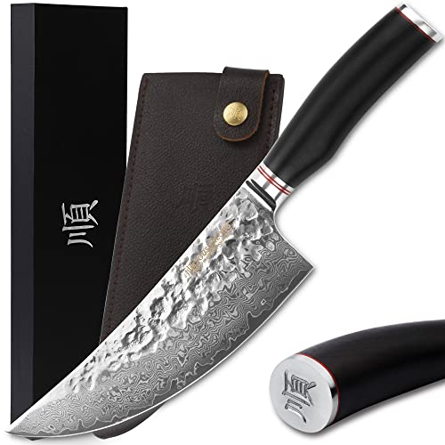 YOUSUNLONG Couteau de boucher Cleaver 8 pouces (205 mm) japonais martelé Damas VG10 en acier inoxydable - Manche en ébène naturel avec étui en cuir