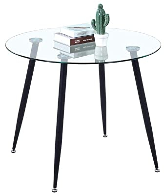 GOLDFAN Round Dining Table 90cm with Tempered Glass Top, Black Legs Modern Table, Small Circular Glass Table Kitchen Living Room Furniture