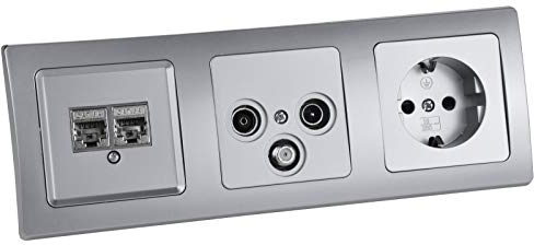 Delphi Antennendose Steckdose 3-Fach Unterputz Kombination - Lan TV SAT Kabel 3-fach Anschlussdose Rahmen Schutzkontaktsteckdose mit Steckklemme Netzwerkdose Silber