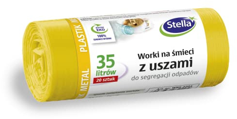 STELLA 032204 Müllbeutel mit Henkeln für Metall Plastik/und Kunststofftrennung | 35 L | 20 Stück | Müllsack Mülltüte Abfallsäcke für Den Hausmüll Büro aus dicker LDPE-Regranulatfolie Farbe: Gelb