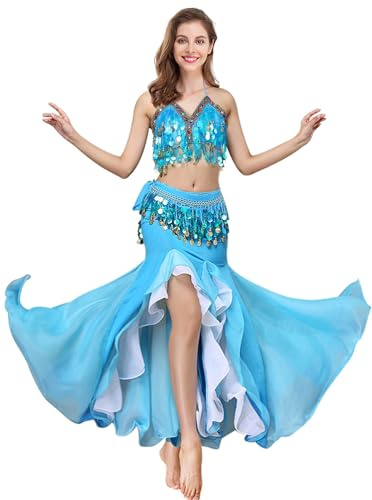 ELLYDOOR Belly Dance Costume Set for Women Belly Dance Crop Top Bra and Hip Scarf Slit Dance Skirt Halloween Outfit (US, Alpha, One Size, Regular, Regular, 03 Lake Blue)