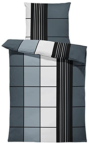 one-home Bettwäsche Mikrofaser Garnitur Bettbezug modern viele Muster mit Reißverschluss, Farbe:Kariert grau, Größe:4 teilig 155x220 cm