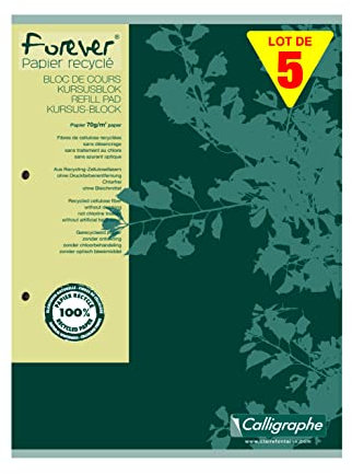 Clairefontaine 17818C - Packung mit 5 Kursusblöcken Forever DIN A4 100 Blatt 70g, 2-fach gelocht, mikroperforiert, liniert mit Rand, farbig sortiert, 1 Pack