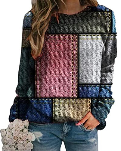 Tomwell Sweat Femme sans Capuche Chic Imprimé Plume Sweat Shirt Femme Manche Longue Chemisier Femme Chic Et élégant Col Rond Sweatshirt Femme Grande Taille Pull Femme Sexy Top S Rose L