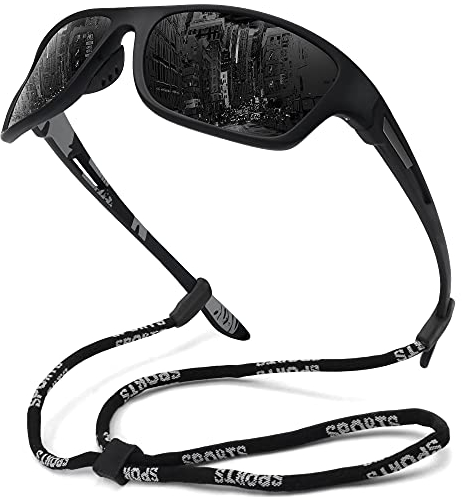 MEETSUN Polarisierte Sport-Sonnenbrille für Herren Damen Angeln Radfahren Baseball Laufen und Fahren UV400-Schutz Schwarzer Rahmen-Graues Glas