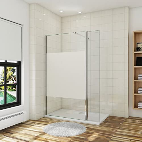Walk in 80x200cm Panel Pantalla Fija Vidrio Esmerilado parcial laminado de film seguirdad a pureba de explosiciones 8mm+Lateral Abatible 40cm,Barra2 90cm
