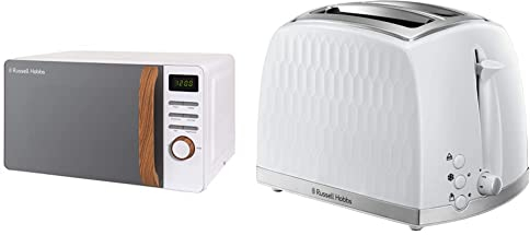 Russell Hobbs RHMD714 17 L 700 W Scandi White Digital Microwave with 5 Power Levels & 26060 2 Slice Toaster - Contemporary Honeycomb Design with Extra Wide Slots and High Lift Feature, White