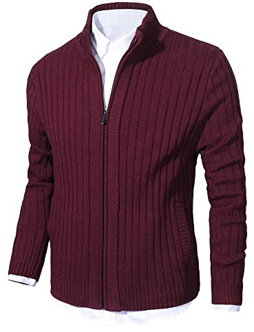 Cardigan Homme Automne Hiver Ouvrez-Front Zippé Gilet Veste Tricoté Chaud Coupe ajustée Col Droit Manche Longue avec Poches Vin Rouge XXL