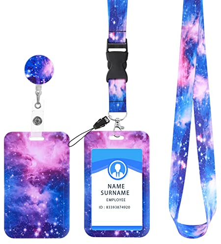 cobee – Porte-badge rétractable avec bobines et cordons amovibles, cordon de protection tendance pour cartes de crédit, infirmière, enseignant, motif ciel étoilé (violet)