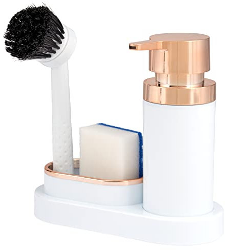 bremermann sink organizer with detergent dispenser, sponge holder and dish brush (White/Rose Gold)