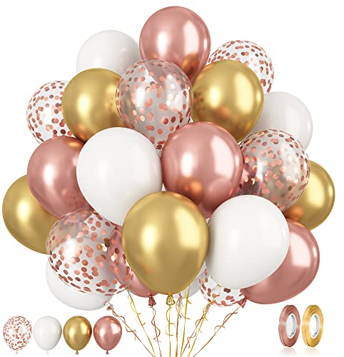 Paready Rose Gold and White Latex Balloons, 60 Pcs 12 Inch Metallic Gold Confetti Balloons with Ribbons for Birthday Party Baby Shower Anniversary Wedding Bridal Shower Graduation Decoration