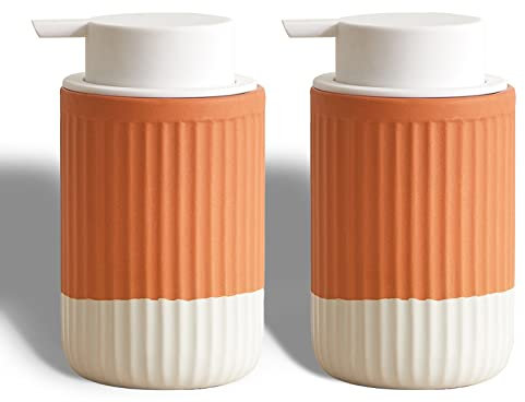 ABBI NIMO Handgetauchte Terrakotta-Keramik-Schaumseifenspender, gerippte Bubble-Up-Flasche mit weißem Silikonpumper, nachfüllbarer orangefarbener Handseifenspender für Bad, 250 ml, 2er-Set