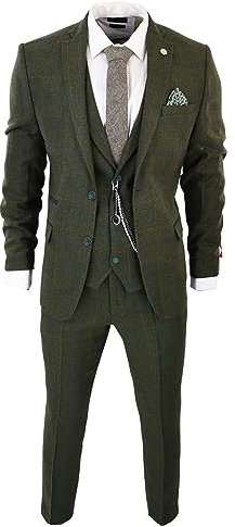Men's 3 Piece Suit Wool Tweed Green Blue Brown Check 1920s Gatsby Formal Dress Suits - Olive 38