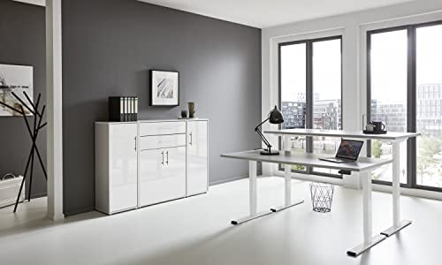 BMG Möbel e-Office Edition Set 16 Büromöbel-Set (Gestell: Weiß, Korpus-Front: Lichtgrau/Weiß Hochglanz, Tischplatte: Lichtgrau, Abmessung Tischplatte: 160 x 80 cm)
